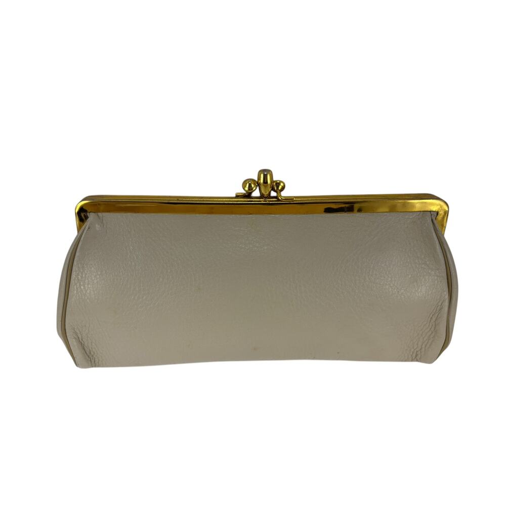 Vintage Justin Leather Frame Clutch Purse with Gold Hardware, Cream Color